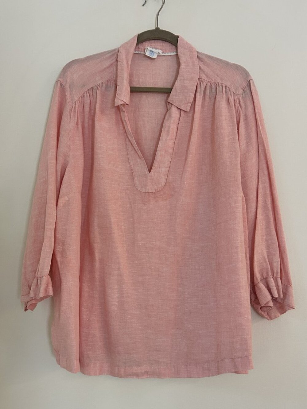 Vintage Sigrid Olsen 100% Linen Split V-Neck Tunic Top Coral Pink 2X